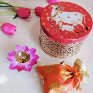 Combo Return Gift- Pichwai Box, Brass lotus lamp and Potli