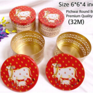 Pichwai Metal Box Round - Red with white cow