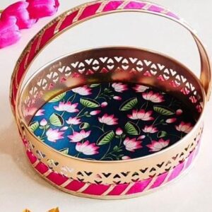 Blue Floral Pichwai Round Tray 10 inches