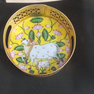 Lotus and Cow Pichwai Round Tray 8 Inches