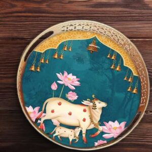 Pichwai with Lotus and Bells Round Tray 10 Inches