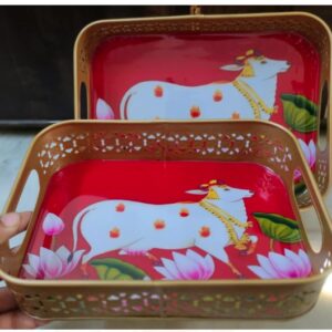Red Pichwai Rectangular Tray 10 Inches