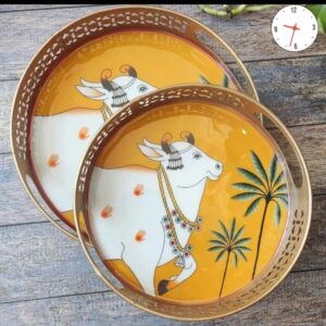 Yellow Pichwai with Cow & Tree Round Tray 12 Inches