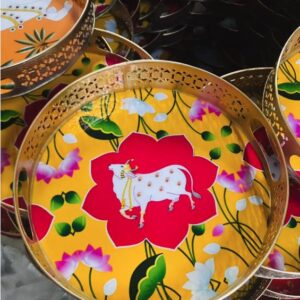 Yellow & Red Pichwai Round Tray 12 Inches