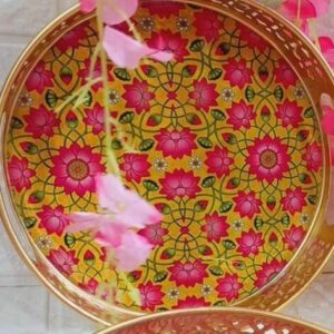 Yellow and Red Floral Pichwai Round Tray 12 Inches