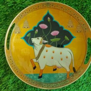 Yellow with Blue Pichwai Round Tray 12 Inches
