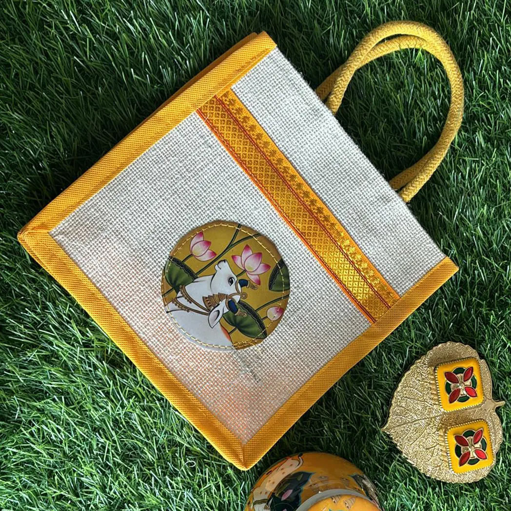 Pichwai Jute bag+ Pichwai jar+ Haldi Kumkum - Prashaa Gifts