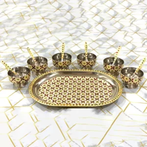 Meenakari Golden Maroon Tray with Ice Cream Bowl