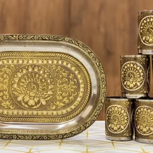 Meenakari Golden Yellow Tray with Glasses Combo