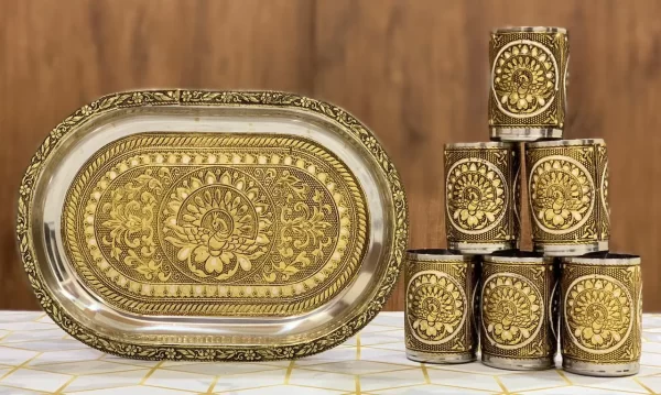 Meenakari Golden Yellow Tray with Glasses Combo