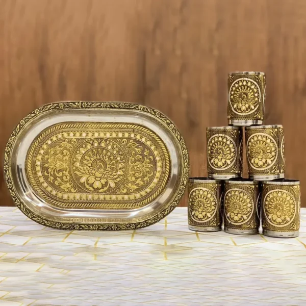 Meenakari Golden Yellow Tray with Glasses Combo