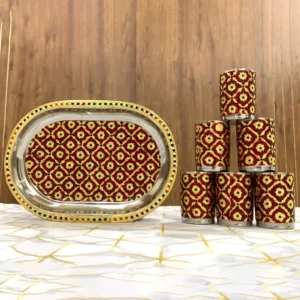 Meenakari Maroon Tray with Glasses Combo