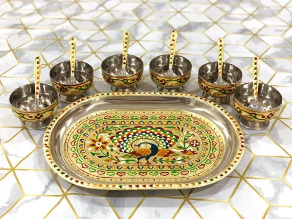 Meenakari Multi Colour Peacock Tray with Icecream Combo