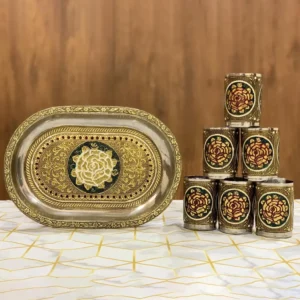 Meenakari Golden Green Tray with Glasses Combo