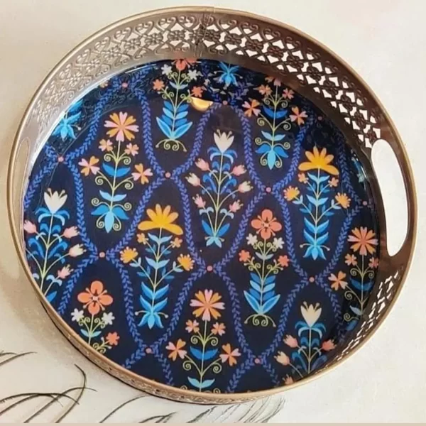 Navy Blue Floral Pichwai Round Trays