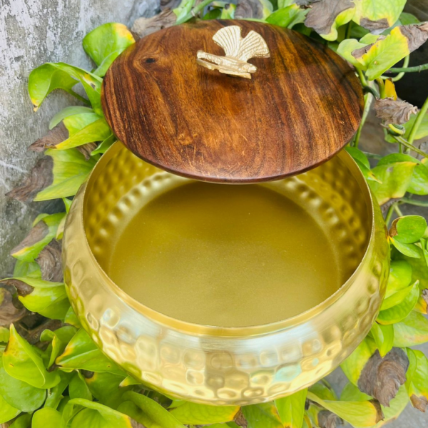 Golden matki with wooden lid container 6 Inch