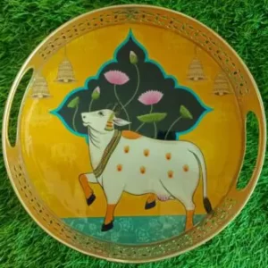 Yellow with Blue Pichwai Round Tray