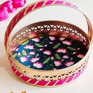 Navy Blue Floral Pichwai Round Trays with Handle