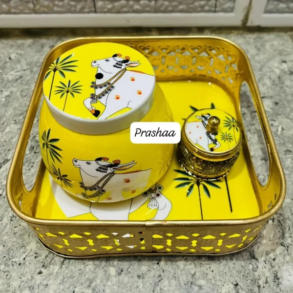 Pichwai Tray with Jar and Brass Sindoor Box