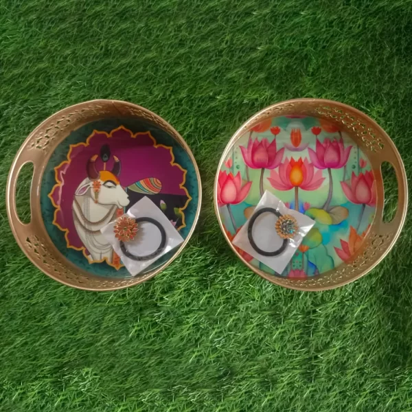 Round Floral Design Metal Trays with Free Kundan Stone Work Hairband