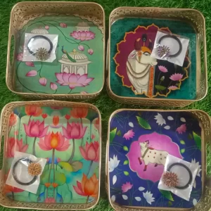 Square Floral Design Metal Trays with Free Kundan Stone Work Hairband