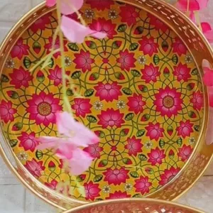 Yellow and Red Floral Pichwai Round Tray