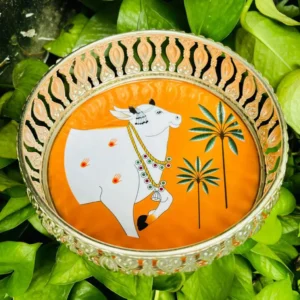 Orange Round German Silver Pichwai Tray with Cow and Tree Design