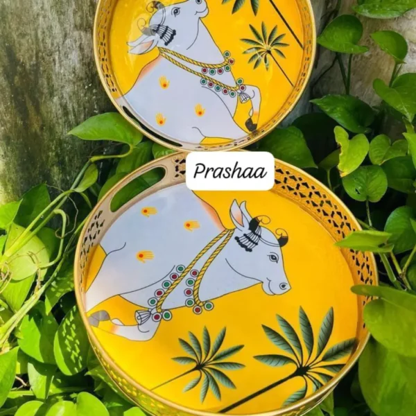 Round Pichwai Tray with Yellow and Cow Design