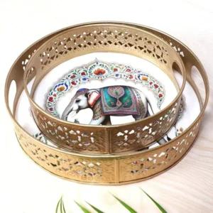 White Round Pichwai Tray with Elephant Design