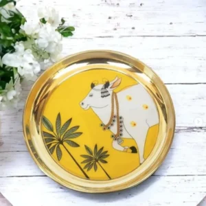 Yellow Pichwai with Cow & Tree Round Plates