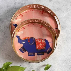 Brown Round Pichwai Tray with Elephant Design