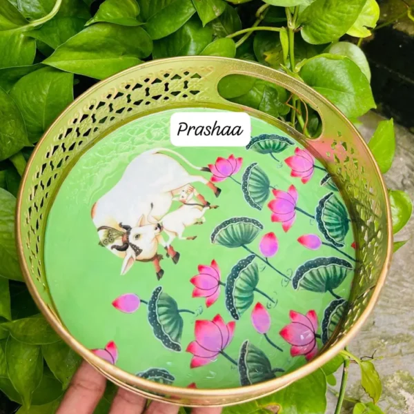 Light Green Pichwai Round Tray with Cow Design