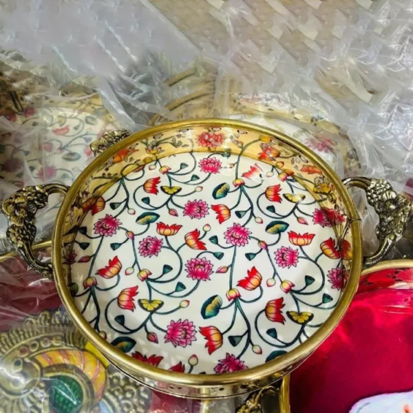 Pichwai Round Tray with Rose Design