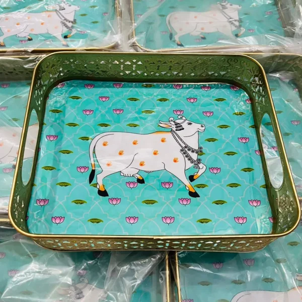 Pichwai Round Tray with Sea Blue Cow Design