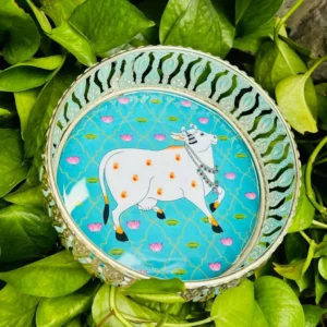 Round Pichwai Tray With Cow And Blue Design