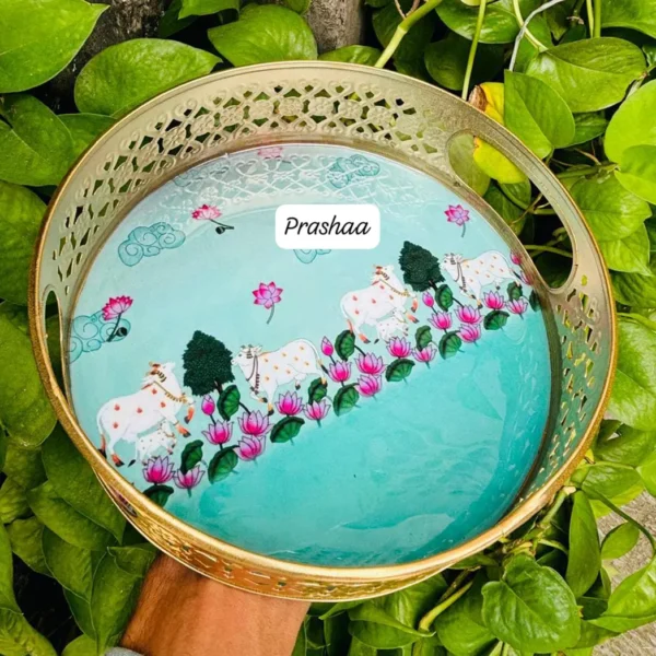 Sky Blue Round Pichwai Tray