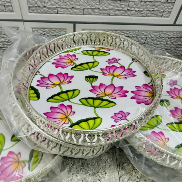 White Pichwai Round Tray with Flower Design