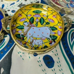 Yellow Pichwai Tray with Cow and Tree Branch Design