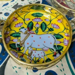 Yellow Cow and Flower Pichwai Brass Tray