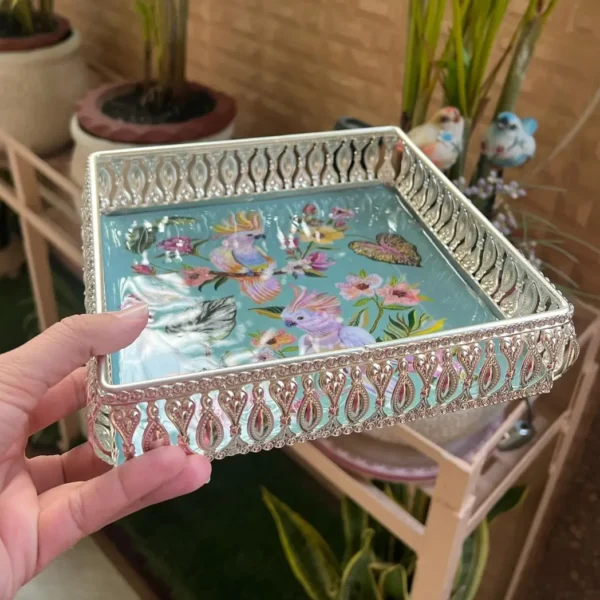 Light Blue German Silver Pichwai Trays with Parrot and Flower Design - Square