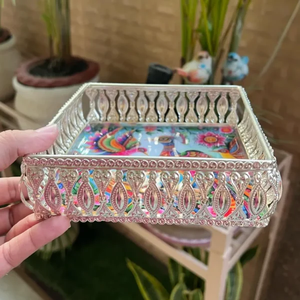 Mixed Colour German Silver Pichwai Trays with Peacock and Flower Design - Square