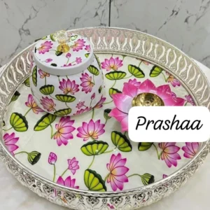 German Silver Coated Pichwai Tray+Jar+Diya Combo