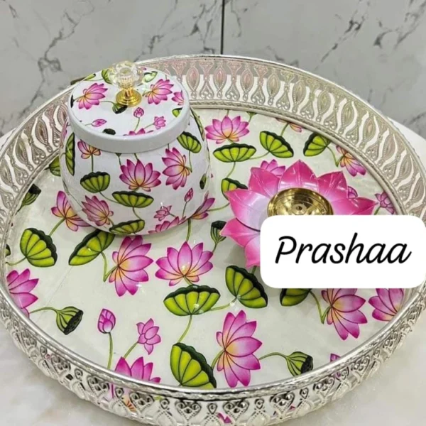 German Silver Coated Pichwai Tray+Jar+Diya Combo