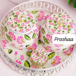 German Silver Coated Pichwai Tray + 2 Jar + German Silver Sindoor Box Combo