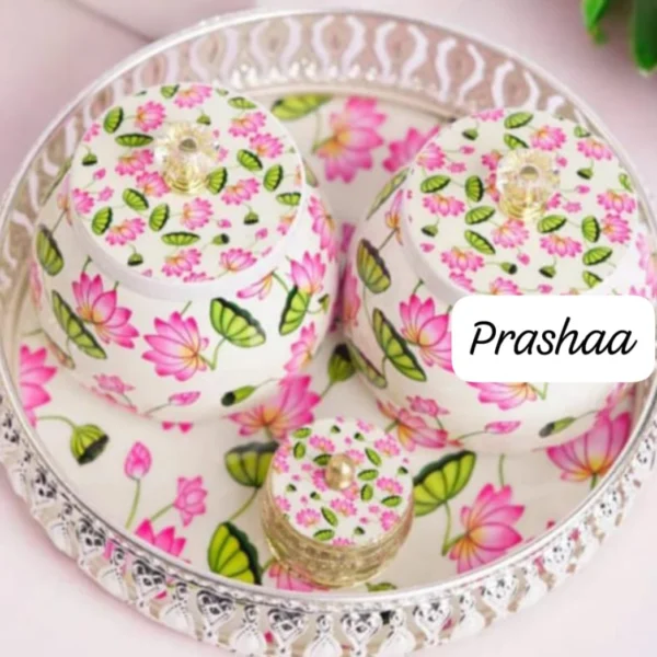 German Silver Coated Pichwai Tray + 2 Jar + German Silver Sindoor Box Combo