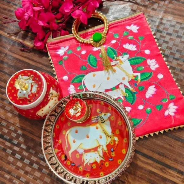 German Silver Pichwai Tray+Jar+Bag