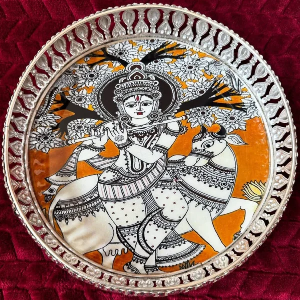 German Silver Pichwai Trays with B/W Krishna and Cow Design