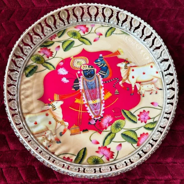 German Silver Pichwai Trays with Srinath Ji with Cow