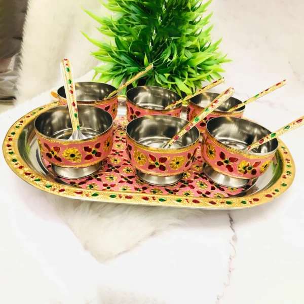 Colorful Meenakari Tray with Ice Cream Bowl
