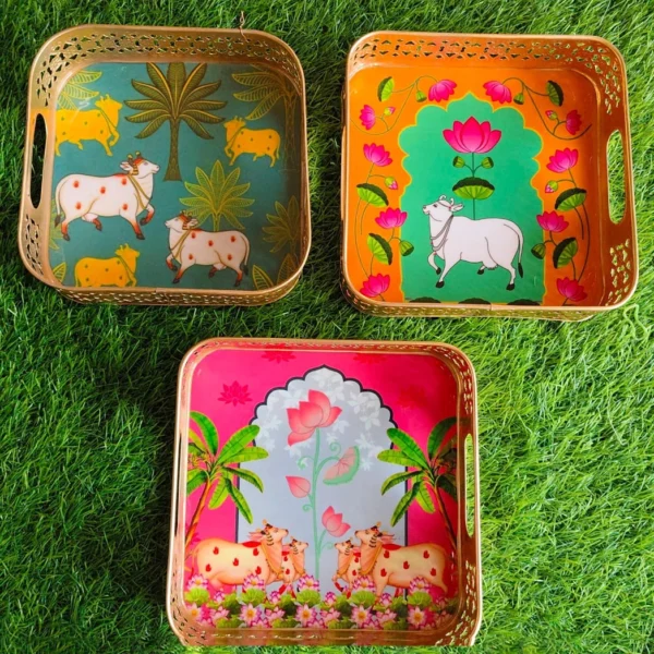 Metal Square Pichwai Trays